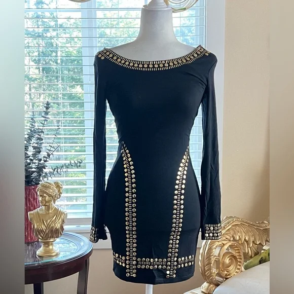 Elegant Black and Gold Studded Dress - Picture 1 of 4